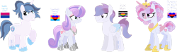 Size: 1280x377 | Tagged: safe, artist:bookieverse-nextgen, artist:pure-blue-heart, imported from derpibooru, princess cadance, princess flurry heart, shining armor, oc, oc:dusk heart, pony, base used, bookieverse, family, female, headcanon, male, next generation, offspring, older, older flurry heart, parent:princess cadance, parent:shining armor, parents:shiningcadance, pride flag, redesign, sexuality headcanon, shiningcadance, shipping, simple background, straight, transparent background