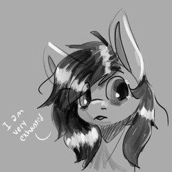 Size: 1282x1283 | Tagged: safe, artist:aliceg, imported from derpibooru, oc, oc only, oc:floor bored, earth pony, pony, dialogue, female, gray background, grayscale, looking sideways, mare, monochrome, open mouth, relatable, simple background, solo, sternocleidomastoid