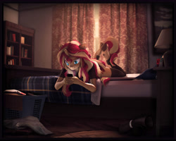 Size: 10000x8000 | Tagged: safe, artist:imafutureguitarhero, imported from derpibooru, sunset shimmer, anthro, classical unicorn, unguligrade anthro, unicorn, 3d, absurd file size, absurd resolution, arm fluff, arm freckles, bed, bedroom, bedside stand, blanket, bookshelf, boots, border, cellphone, cheek fluff, chromatic aberration, clothes, clothes on floor, cloven hooves, colored eyebrows, colored eyelashes, curtains, ear fluff, ear freckles, ear piercing, earring, error, female, film grain, fluffy, freckles, fur, hoof fluff, hooves in air, horn, indoors, iphone, ipod, jewelry, lamp, laundry, laundry basket, leg fluff, leg freckles, legs, leonine tail, lingerie, long hair, long mane, lying down, lying on bed, mare, morning, mp3 player, multicolored hair, multicolored mane, multicolored tail, nose wrinkle, on bed, painting, paintover, pantyhose, peppered bacon, phone, piercing, pillow, prone, revamped anthros, revamped ponies, see-through, see-through shirt, shirt, shoes, shoes off, signature, smartphone, solo, source filmmaker, stockings, tail, the pose, thigh highs, unshorn fetlocks, wall of tags, wooden floor