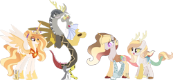 Size: 1280x594 | Tagged: safe, artist:bookieverse-nextgen, artist:pure-blue-heart, imported from derpibooru, discord, princess celestia, oc, oc:silver sheen, oc:wildcard, draconequus, hybrid, base used, bookieverse, dislestia, family, female, headcanon, interspecies offspring, male, next generation, offspring, parent:discord, parent:princess celestia, parents:dislestia, redesign, shipping, simple background, straight, transparent background