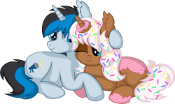 Size: 9547x5695 | Tagged: safe, artist:cyanlightning, imported from derpibooru, oc, oc only, oc:donut daydream, oc:solar gizmo, pony, unicorn, .svg available, absurd resolution, blue eyes, cute, donut, duo, female, food, horn, hug, looking at each other, male, mare, one eye closed, simple background, smiling, smiling at each other, sprinkles, stallion, tail, transparent background, two toned mane, two toned tail, unicorn oc, vector