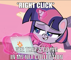 Size: 1280x1080 | Tagged: safe, edit, edited screencap, imported from derpibooru, screencap, twilight sparkle, alicorn, pony, campfire stories, my little pony: pony life, caption, computer, cringe compilation, g4.5, hilarious in hindsight, image macro, justice, laptop computer, magic, meme, nft, right click, smug, solo, telekinesis, text, twilight sparkle (alicorn)