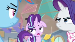 Size: 1920x1080 | Tagged: safe, imported from derpibooru, screencap, rainbow dash, rarity, starlight glimmer, pony, unicorn, the end in friend, female, kite, mare, neckerchief, open mouth, rainbow dash is not amused, rarity is not amused, solo focus, starlight glimmer is not amused, starlight's office, that pony sure does love kites, trio, unamused