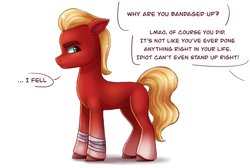 Size: 3048x2048 | Tagged: safe, artist:dancingkinfiend, artist:malarkey, imported from derpibooru, sprout cloverleaf, earth pony, pony, angry, bandage, bandages on wrist, blonde, blonde hair, blonde mane, blood, bully, bullying, coat markings, collaboration, conversation, cutting, eyebrows down, g5, hurting, implied self harm, injured, male, my little pony: a new generation, offended, offscreen character, red fur, self harm, socks (coat markings), solo, speech bubble, stallion, text, wavy hair, wavy mane