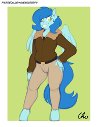 Size: 892x1155 | Tagged: safe, artist:nekocrispy, imported from derpibooru, oc, oc only, oc:soft cloud, anthro, pegasus, unguligrade anthro, clothes, female, hand on hip, mare, smiling, solo, wings