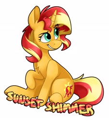 Size: 2806x3110 | Tagged: safe, artist:luximus17, imported from derpibooru, sunset shimmer, pony, unicorn, equestria girls, chest fluff, female, mare, open mouth, raised eyebrow, raised hoof, sitting, smiling, solo