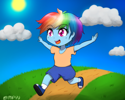 Size: 1200x960 | Tagged: safe, artist:empyu, imported from derpibooru, rainbow dash, equestria girls, clothes, cloud, colorful, cute, dashabetes, dirt road, female, grass, open mouth, scenery, shirt, shoes, shorts, socks, solo, younger