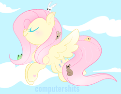 Size: 918x710 | Tagged: safe, artist:cutiesparke, imported from derpibooru, angel bunny, fluttershy, bird, chipmunk, duck, frog, pegasus, pony, rabbit, squirrel, animal, cloud, critters, eyes closed, female, flying, happy, hoof heart, mortimer, simple background, sky, sky background, solo