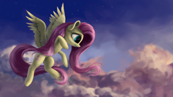 Size: 4000x2250 | Tagged: safe, artist:flusanix, imported from derpibooru, fluttershy, pegasus, pony, cloud, cute, female, flying, high res, looking down, mare, solo