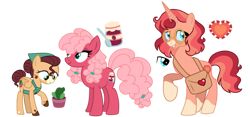 Size: 1024x480 | Tagged: safe, artist:strawberry-spritz, imported from derpibooru, oc, oc only, earth pony, pegasus, pony, unicorn, bag, eyeshadow, female, glasses, makeup, mare, offspring, parent:big macintosh, parent:fluttershy, parent:princess cadance, parent:sugar belle, parent:sunburst, parent:trouble shoes, parents:sugarmac, parents:troubleshy, saddle bag, simple background, teenager, transparent background