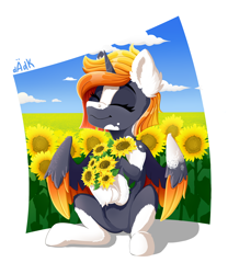 Size: 4000x4800 | Tagged: safe, artist:rainbowfire, imported from derpibooru, oc, oc only, alicorn, pony, :3, :p, absurd resolution, alicorn oc, chest fluff, cloud, coat markings, cottagecore, cute, day, ear fluff, eyebrows, eyelashes, eyes closed, female, field, flower, fluffy, gift art, happy, horn, mare, ocbetes, orange mane, outdoors, requested art, sitting, sky, smiling, socks (coat markings), solo, spots, summer, sun, sunflower, tongue out, unshorn fetlocks, warm, wings