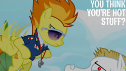 Size: 1280x720 | Tagged: safe, edit, edited screencap, editor:quoterific, imported from derpibooru, screencap, bulk biceps, spitfire, pegasus, pony, season 3, wonderbolts academy, clothes, duo, female, flying, male, mare, necktie, spitfire's whistle, spread wings, stallion, text, uniform, whistle, whistle necklace, wings, wonderbolts dress uniform