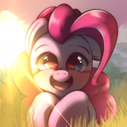 Size: 2048x2048 | Tagged: safe, artist:kurogewapony, imported from derpibooru, pinkie pie, earth pony, pony, blushing, cute, diapinkes, female, grass, looking at you, lying down, mare, open mouth, open smile, prone, smiling, smiling at you, solo, weapons-grade cute