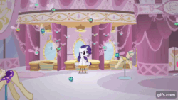 Size: 640x360 | Tagged: safe, imported from derpibooru, screencap, pinkie pie, rarity, earth pony, parasprite, pony, unicorn, season 1, swarm of the century, animated, carousel boutique, eyes closed, female, gif, gifs.com, mannequin, mare, open mouth, screaming