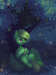 Size: 3630x4862 | Tagged: safe, artist:yarugreat, imported from derpibooru, oc, oc:lemon green, firefly (insect), insect, pegasus, pony, cute, food, high res, lemon, night, painting, sitting, smiling, solo, tree
