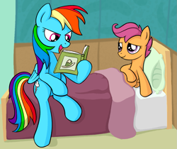 Size: 1059x889 | Tagged: safe, artist:reconprobe, imported from derpibooru, rainbow dash, scootaloo, pegasus, pony, bed, book, daring do book, duo, female, filly, foal, hospital, mare, scootalove