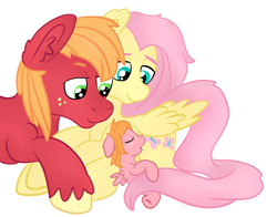 Size: 2044x1600 | Tagged: safe, artist:bewarethemusicman, edit, imported from derpibooru, big macintosh, fluttershy, oc, oc:little darlin', earth pony, pegasus, pony, baby, baby pony, cropped, family, female, filly, fluttermac, foal, freckles, male, mare, offspring, parent:big macintosh, parent:fluttershy, parents:fluttermac, shipping, simple background, sleeping, stallion, straight, white background