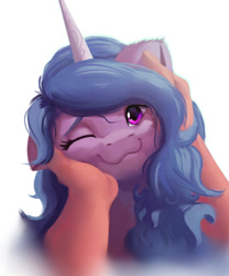 Size: 694x836 | Tagged: safe, artist:itssim, imported from derpibooru, part of a set, izzy moonbow, human, pony, unicorn, :3, adoracute, behaving like a cat, cute, cuteness overload, daaaaaaaaaaaw, ear scratch, female, finger, floppy ears, g5, hand, happy, heart, heart eyes, horn, human on pony petting, human pov, itssim is trying to murder us, izzybetes, looking at you, mane, mare, my little pony: a new generation, offscreen character, one eye closed, petting, pov, purple eyes, simple background, smiling, smiling at you, sweet dreams fuel, weapons-grade cute, white background, wholesome, wingding eyes