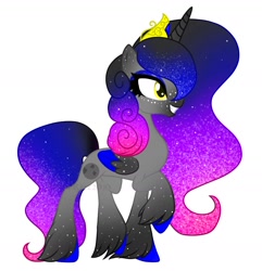 Size: 1362x1413 | Tagged: safe, artist:teonnakatztkgs, imported from derpibooru, oc, oc only, alicorn, pony, alicorn oc, base used, ethereal mane, eyelashes, female, grin, horn, jewelry, makeup, mare, raised hoof, simple background, smiling, solo, starry mane, tiara, white background, wings