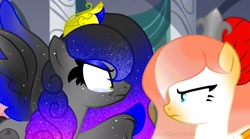 Size: 1604x894 | Tagged: safe, artist:teonnakatztkgs, imported from derpibooru, oc, oc only, pegasus, pony, angry, bust, duo, ethereal mane, eyelashes, makeup, pegasus oc, starry mane