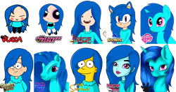 Size: 3368x1781 | Tagged: safe, artist:maneblue, imported from derpibooru, oc, oc only, anthro, pony, unicorn, adventure time, anthro with ponies, clothes, g3, gravity falls, horn, mabel pines, marge simpson, monster high, my little pony logo, simple background, simpsonified, sonic the hedgehog (series), style emulation, the powerpuff girls, the simpsons, transparent background, unicorn oc