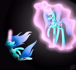 Size: 6000x5500 | Tagged: safe, artist:maneblue, imported from derpibooru, oc, oc only, pony, unicorn, black background, chains, duo, female, glowing, glowing horn, horn, magic, mare, paw prints, simple background, telekinesis