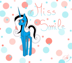 Size: 4000x3500 | Tagged: safe, artist:maneblue, imported from derpibooru, oc, oc only, oc:miss smile, pony, unicorn, abstract background, female, horn, mare, polka dot background, solo, unicorn oc