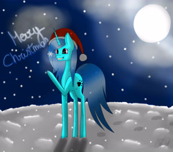 Size: 4000x3500 | Tagged: safe, artist:maneblue, imported from derpibooru, oc, oc only, pony, unicorn, christmas, female, full moon, grin, holiday, horn, mare, merry christmas, moon, night, outdoors, paw prints, raised hoof, smiling, solo, stars, unicorn oc