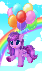 Size: 3008x5008 | Tagged: safe, alternate version, artist:malarkey, imported from derpibooru, oc, oc only, oc:emilia starsong, pegasus, pony, balloon, cloud, colored ears, colored hooves, cute, female, floating, flying, gradient background, heart, heart eyes, high res, hoof heart, hooves, mare, ocbetes, pale belly, rainbow, raised hoof, sky, solo, sparkles, then watch her balloons lift her up to the sky, wingding eyes