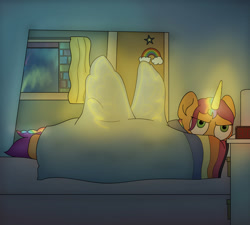 Size: 1280x1152 | Tagged: safe, artist:milzyywilzyy, imported from derpibooru, sunny starscout, alicorn, pony, alicornified, annoyed, artificial horn, artificial wings, augmented, bed, bedroom, female, g5, glowing, glowing horn, glowing wings, horn, magic, magic horn, magic wings, mare, my little pony: a new generation, race swap, solo, spread wings, sunny starscout is not amused, sunny starscout's bedroom, sunnycorn, unamused, wingboner, wings