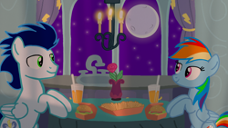 Size: 1280x720 | Tagged: safe, artist:mlplary6, imported from derpibooru, rainbow dash, soarin', pegasus, pony, bedroom eyes, burger, candle, candlelight, dinner, female, flower, food, french fries, hay burger, hay fries, male, moon, romantic, shipping, smiling, soarindash, straight