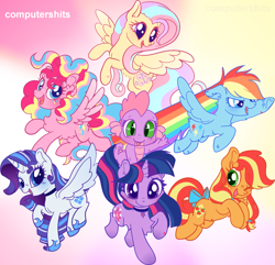Size: 2499x2413 | Tagged: safe, artist:cutiesparke, imported from derpibooru, applejack, fluttershy, pinkie pie, rainbow dash, rarity, spike, twilight sparkle, alicorn, dragon, pegasus, unicorn, alicornified, alternate design, alternate universe, baby, baby dragon, barb, bow, chest fluff, choker, colored wings, coloring page, dragoness, ear piercing, female, gradient hooves, gradient wings, group, hoof fluff, hoof shoes, horn, horn jewelry, jewelry, mane seven, mane six, multicolored hair, one eye closed, pegasus pinkie pie, piercing, race swap, raised hoof, raised hooves, raricorn, redesign, redraw, regalia, rule 63, simple background, spiketta, tail, tail bow, unicorn twilight, watermark, waving, wings, wink