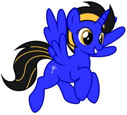 Size: 3400x3090 | Tagged: safe, artist:strategypony, imported from derpibooru, oc, oc only, oc:zee ayoura, alicorn, pony, alicorn oc, black mane, female, flying, full body, grin, high res, hooves, horn, mare, neon, rule 63, show accurate, simple background, smiling, solo, spread wings, tail, transparent background, two toned mane, two toned tail, wings, yellow eyes