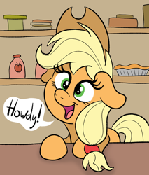 Size: 770x905 | Tagged: safe, artist:doodledonutart, imported from derpibooru, applejack, earth pony, pony, cute, dialogue, eyelashes, female, floppy ears, green eyes, howdies in the comments, howdy, jackabetes, mare, solo, speech bubble, text