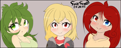 Size: 4379x1733 | Tagged: safe, artist:freefraq, imported from derpibooru, oc, oc:cherry slime, oc:flower, human, freckles, humanized