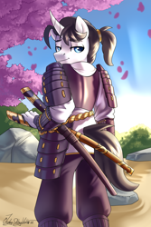 Size: 2000x3000 | Tagged: safe, artist:jedayskayvoker, imported from derpibooru, oc, oc:shiro reisu, anthro, unicorn, anthro oc, armor, cherry blossoms, clothes, flower, flower blossom, katana, looking at you, looking back, male, samurai, solo, stallion, sunrise, sword, weapon