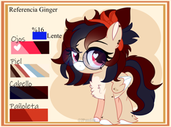 Size: 3480x2584 | Tagged: safe, artist:2pandita, imported from derpibooru, oc, oc only, oc:ginger, pegasus, pony, chest fluff, colored hooves, colored wings, eyelashes, female, filly, foal, folded wings, glasses, high res, hoof fluff, pegasus oc, reference sheet, signature, solo, standing, tail, two toned mane, two toned tail, two toned wings, wings