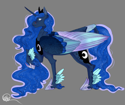 Size: 4300x3600 | Tagged: safe, artist:sashakruchkinatv, imported from derpibooru, princess luna, pony, colored wings, feathered fetlocks, multicolored wings, simple background, solo, tail, tail feathers, wings