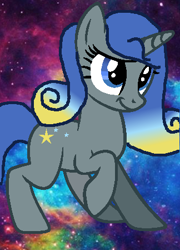 Size: 324x449 | Tagged: safe, artist:rosienature123, imported from derpibooru, oc, oc only, oc:galaxy swirl, pony, unicorn, :t, blue eyes, female, gradient mane, hooves, horn, looking up, mare, parent:star swirl the bearded, raised hoof, smiling, solo, standing, starswirl's book, unicorn oc, wallpaper