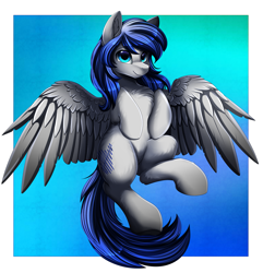 Size: 3213x3337 | Tagged: safe, artist:pridark, imported from derpibooru, oc, oc only, pegasus, pony, abstract background, blue eyes, chest fluff, commission, flying, full body, happy, high res, hooves, pegasus oc, smiling, solo, tail, wing fluff, wings