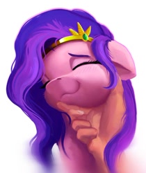 Size: 684x815 | Tagged: safe, artist:itssim, imported from derpibooru, part of a set, pipp petals, human, pegasus, pony, :3, adorapipp, behaving like a cat, blushing, cute, cuteness overload, daaaaaaaaaaaw, eyes closed, female, finger, floppy ears, g5, hand, happy, human on pony petting, human pov, itssim is trying to murder us, jewelry, mane, mare, my little pony: a new generation, offscreen character, petting, pov, simple background, smiling, sweet dreams fuel, weapons-grade cute, white background, wholesome