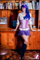 Size: 1068x1600 | Tagged: safe, artist:cosplaydeviants, imported from derpibooru, twilight sparkle, human, black stockings, bookshelf, clothes, cosplay, costume, irl, irl human, photo, shoes, skirt, socks, solo