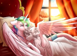 Size: 2200x1600 | Tagged: safe, artist:gloomydinosaur, imported from derpibooru, princess celestia, oc, oc:light knight, alicorn, pegasus, pony, bed, dawn, hug, misleading thumbnail, momlestia, momlestia fuel, pegasus oc, room, sleeping, sleeping together, sunshine