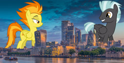 Size: 3550x1800 | Tagged: safe, artist:chainchomp2 edits, artist:dashiesparkle, artist:theotterpony, imported from derpibooru, spitfire, thunderlane, pegasus, pony, bedroom eyes, city, female, firelane, folded wings, giant pony, giantess, grin, high res, highrise ponies, irl, lidded eyes, london, looking back, macro, male, mare, photo, ponies in real life, shipping, smiling, stallion, straight, united kingdom, wings