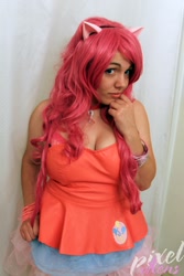 Size: 853x1280 | Tagged: safe, artist:pixelvixens, artist:thetastycupcake, imported from derpibooru, pinkie pie, human, bare shoulders, bracelet, clothes, cosplay, costume, cutie mark on clothes, irl, irl human, jewelry, photo, sleeveless, solo