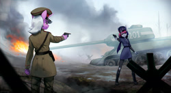 Size: 2500x1364 | Tagged: safe, artist:mrscroup, imported from derpibooru, oc, oc only, oc:galaxy rose, anthro, unicorn, barbed wire, battlefield, clothes, commission, cyrillic, female, fire, gun, handgun, hat, looking at each other, looking at someone, military uniform, pistol, russian, standing, standoff, t-34, t-34-85, tank (vehicle), uniform, world war ii
