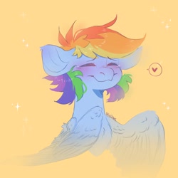 Size: 1080x1080 | Tagged: safe, artist:akiiichaos, imported from derpibooru, rainbow dash, pegasus, pony, blushing, chest fluff, cute, dashabetes, ear fluff, eyes closed, female, heart, mare, orange background, simple background, solo, speech bubble