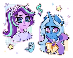 Size: 2048x1632 | Tagged: safe, artist:ponscrossing, imported from derpibooru, starlight glimmer, trixie, anthro, unicorn, cape, clothes, duo, duo female, ear piercing, eyelashes, female, hairclip, horn, looking at you, piercing, ribbon, shirt, smiling, stars, t-shirt, trixie's cape