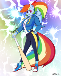 Size: 1080x1350 | Tagged: safe, artist:dymblefish, imported from derpibooru, rainbow dash, anthro, pegasus, baseball bat, clothes, equestria girls outfit, eyebrows, eyebrows visible through hair, female, hand on hip, hoodie, leggings, looking at you, ponytail, smiling, smiling at you, solo