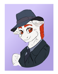 Size: 1000x1260 | Tagged: safe, artist:miyalaflordorada, imported from derpibooru, oc, oc:flame strider, pegasus, fanfic:ponyville noire, clothes, fedora, floppy ears, hat, looking at you, male, smiling, suit